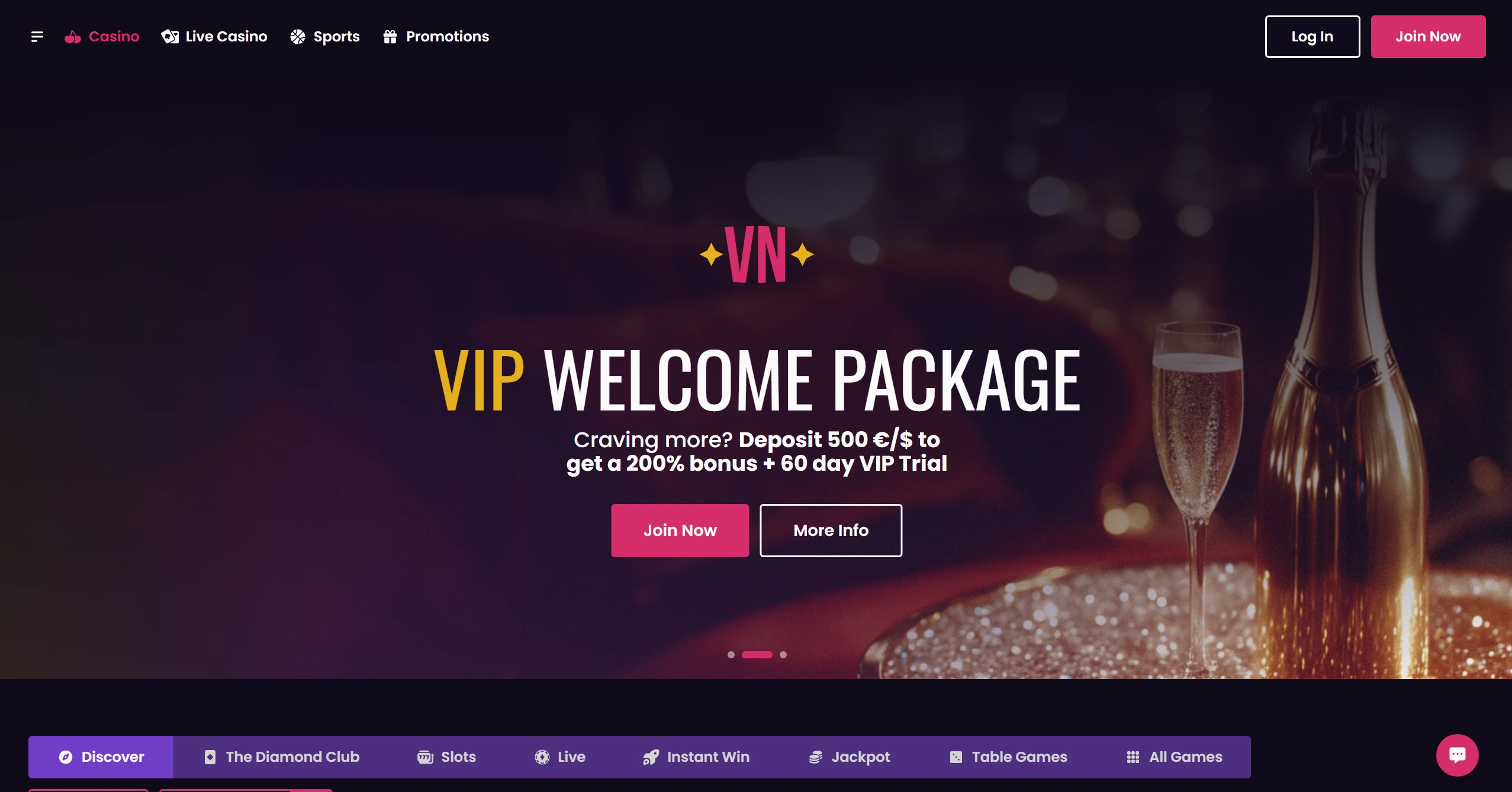 Vegas Now frontpage with banner displaying a 200% VIP Welcome Package
